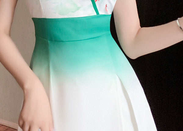 Attractive Modern Floral Green Gradual Color Floral Printed V Neck Short Sleeves Skirt inner Pant Dress