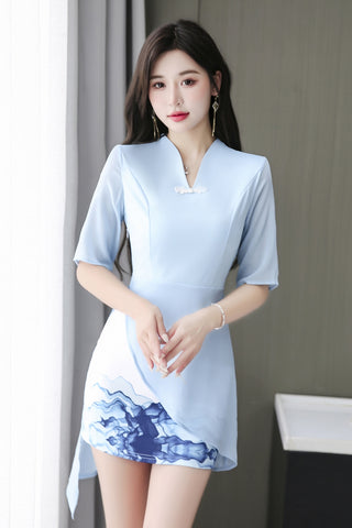 Beauty Esthetic Clubbing V Neck Half Length Sleeves Irregular Hem Dating Cheongsam A Line Dress