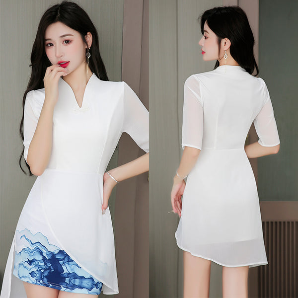 Beauty Esthetic Clubbing V Neck Half Length Sleeves Irregular Hem Dating Cheongsam A Line Dress