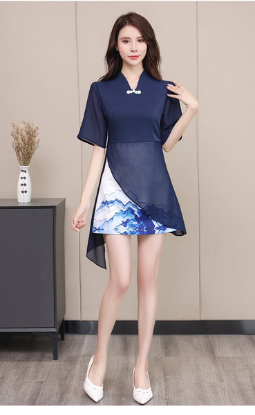 Beauty Esthetic Clubbing V Neck Half Length Sleeves Irregular Hem Dating Cheongsam A Line Dress