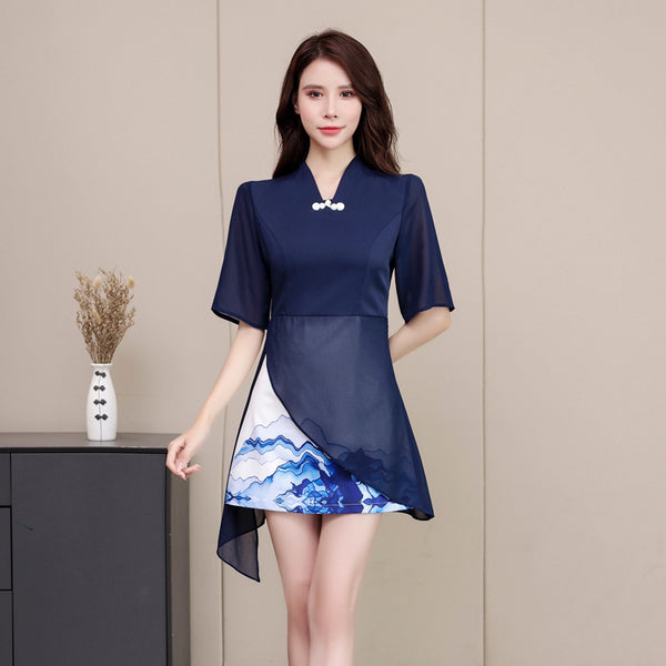 Beauty Esthetic Clubbing V Neck Half Length Sleeves Irregular Hem Dating Cheongsam A Line Dress