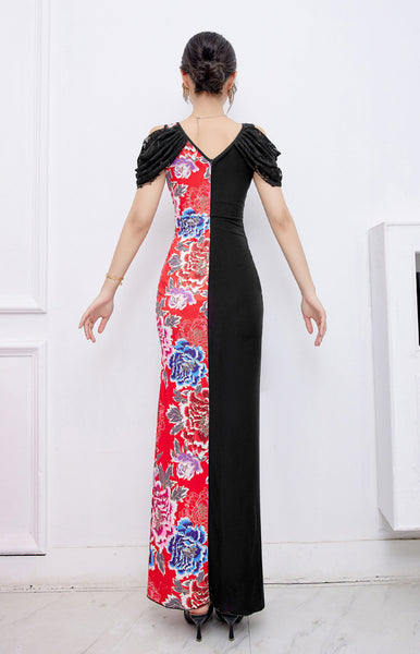 Temperament Sexy Embroidery V Neck Short Sleeves Bustier Long Side Split Cheongsam Sheath Dress