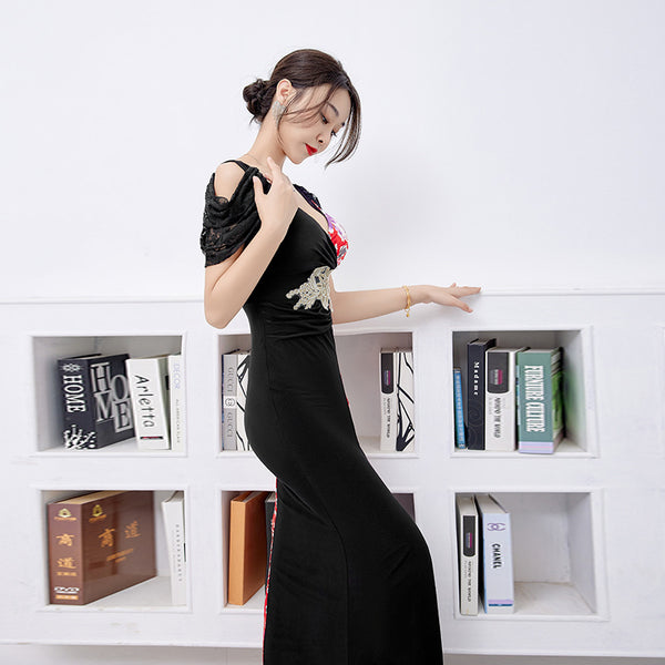 Temperament Sexy Embroidery V Neck Short Sleeves Bustier Long Side Split Cheongsam Sheath Dress