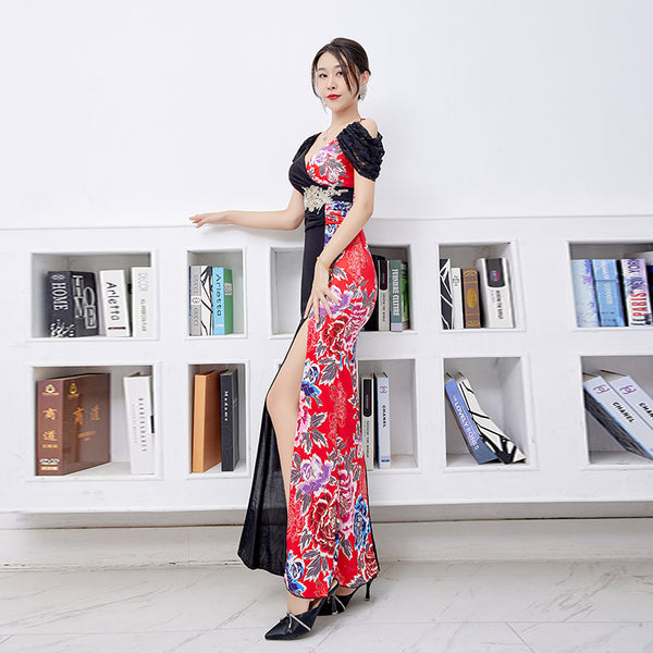 Temperament Sexy Embroidery V Neck Short Sleeves Bustier Long Side Split Cheongsam Sheath Dress