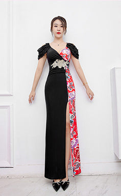 Temperament Sexy Embroidery V Neck Short Sleeves Bustier Long Side Split Cheongsam Sheath Dress