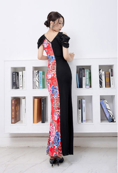 Temperament Sexy Embroidery V Neck Short Sleeves Bustier Long Side Split Cheongsam Sheath Dress