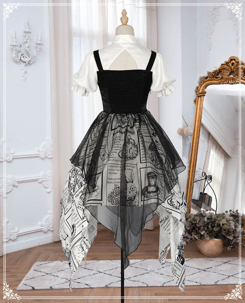 Black and White Newspaper Pattern Stand Collar Short Sleeves Irregular Retro Gothic Lolita Dress