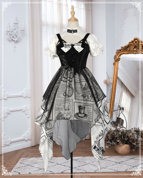 Black and White Newspaper Pattern Stand Collar Short Sleeves Irregular Retro Gothic Lolita Dress