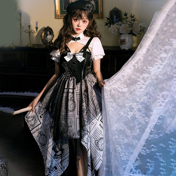 Black and White Newspaper Pattern Stand Collar Short Sleeves Irregular Retro Gothic Lolita Dress