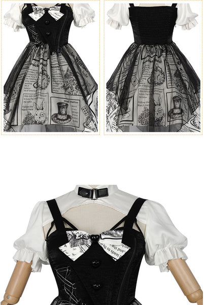 Black and White Newspaper Pattern Stand Collar Short Sleeves Irregular Retro Gothic Lolita Dress