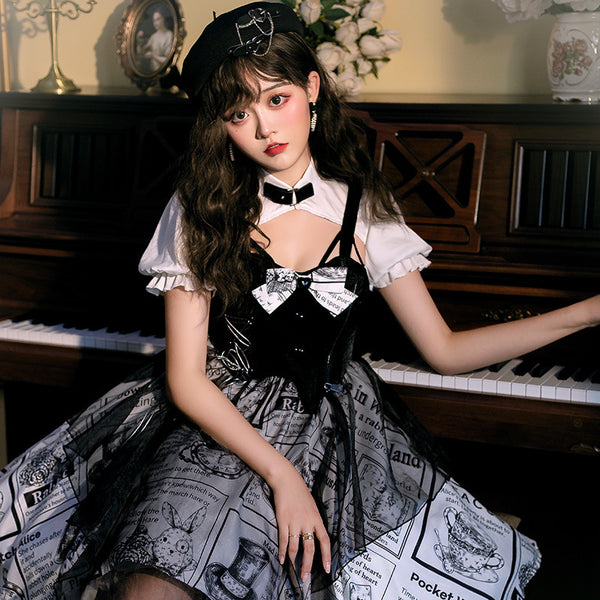 Black and White Newspaper Pattern Stand Collar Short Sleeves Irregular Retro Gothic Lolita Dress