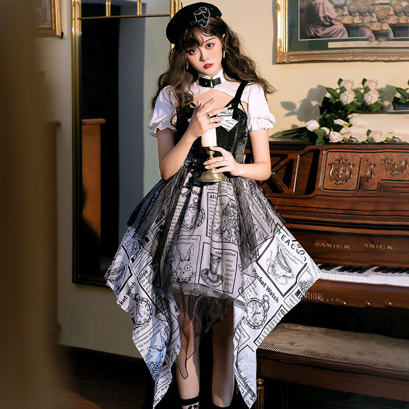 Black and White Newspaper Pattern Stand Collar Short Sleeves Irregular Retro Gothic Lolita Dress