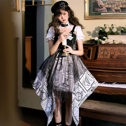 Black and White Newspaper Pattern Stand Collar Short Sleeves Irregular Retro Gothic Lolita Dress