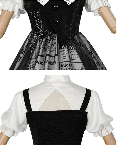 Black and White Newspaper Pattern Stand Collar Short Sleeves Irregular Retro Gothic Lolita Dress