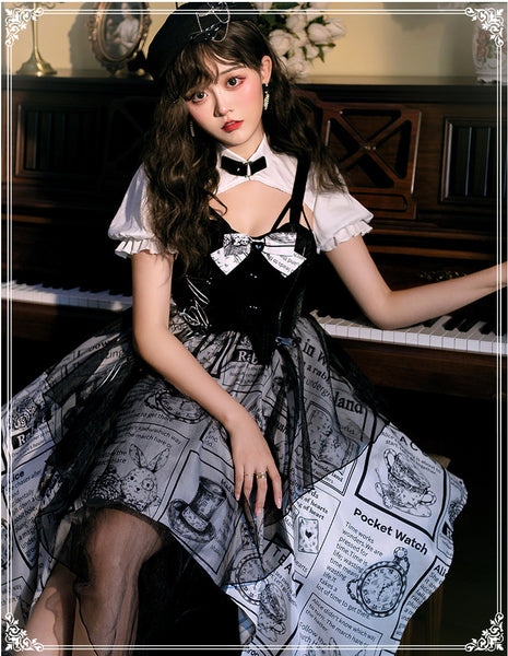 Black and White Newspaper Pattern Stand Collar Short Sleeves Irregular Retro Gothic Lolita Dress