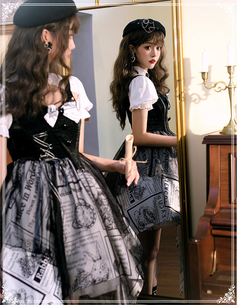 Black and White Newspaper Pattern Stand Collar Short Sleeves Irregular Retro Gothic Lolita Dress