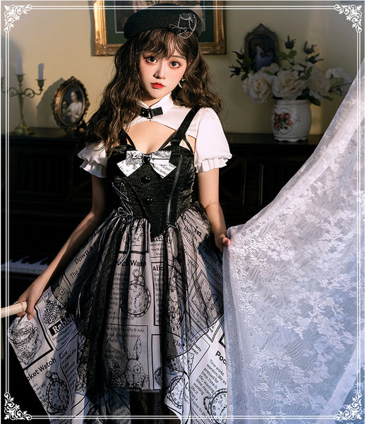 Black and White Newspaper Pattern Stand Collar Short Sleeves Irregular Retro Gothic Lolita Dress