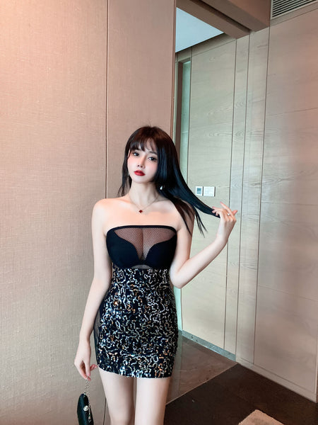 Sexy Chic Off Shoulder Back See Through Sequins Tube Top Night Meeting Bodycon Wrap Dress