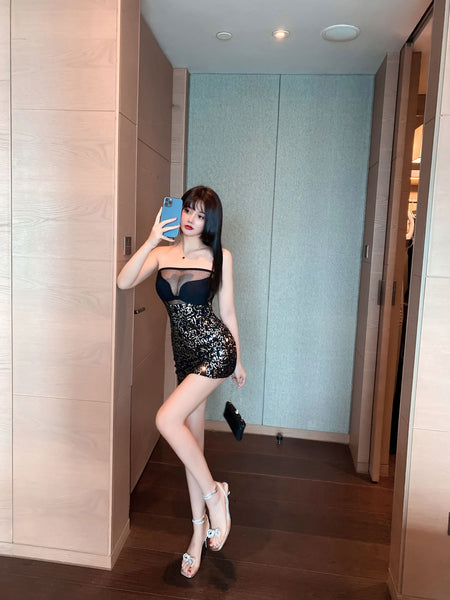 Sexy Chic Off Shoulder Back See Through Sequins Tube Top Night Meeting Bodycon Wrap Dress
