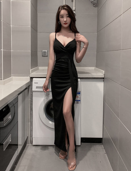 Women Deep V Neck Spaghetti Straps Backless Pleated Waist Wrap Side Split Slit Long Dress