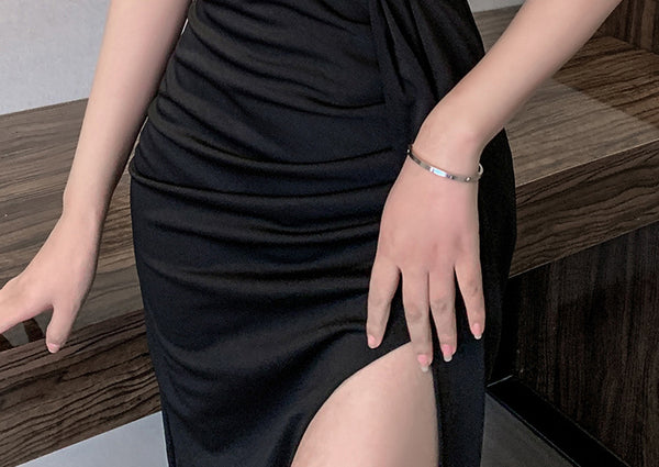 Women Deep V Neck Spaghetti Straps Backless Pleated Waist Wrap Side Split Slit Long Dress