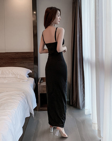 Women Deep V Neck Spaghetti Straps Backless Pleated Waist Wrap Side Split Slit Long Dress