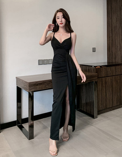 Women Deep V Neck Spaghetti Straps Backless Pleated Waist Wrap Side Split Slit Long Dress