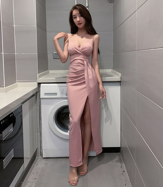 Women Deep V Neck Spaghetti Straps Backless Pleated Waist Wrap Side Split Slit Long Dress