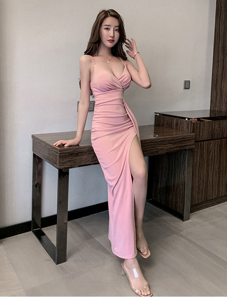 Women Deep V Neck Spaghetti Straps Backless Pleated Waist Wrap Side Split Slit Long Dress