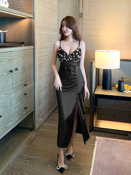 Sexy Fresh Sweet Sequin Stitching V Neck Low Cut Spaghetti Straps Open Back Side Slit A Line Long Dress