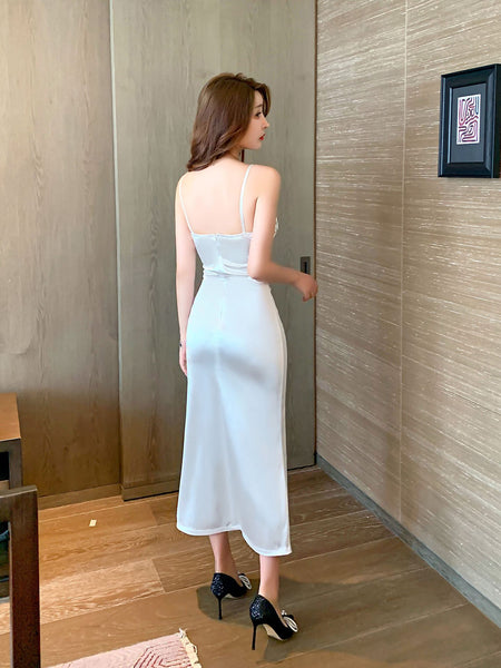 Sexy Fresh Sweet Sequin Stitching V Neck Low Cut Spaghetti Straps Open Back Side Slit A Line Long Dress