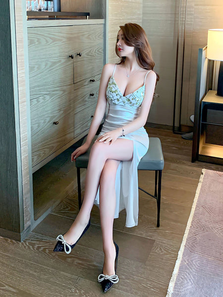 Sexy Fresh Sweet Sequin Stitching V Neck Low Cut Spaghetti Straps Open Back Side Slit A Line Long Dress