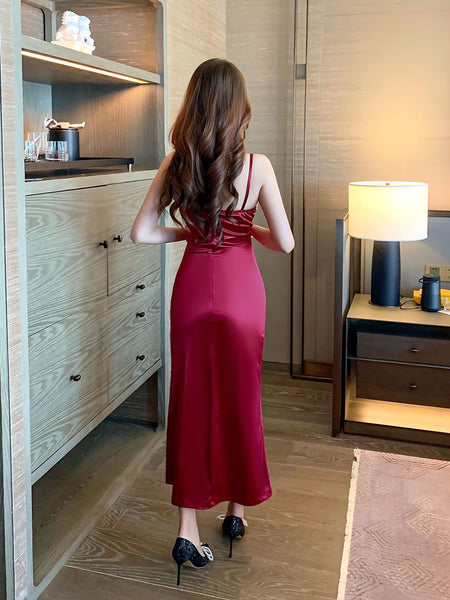 Sexy Fresh Sweet Sequin Stitching V Neck Low Cut Spaghetti Straps Open Back Side Slit A Line Long Dress