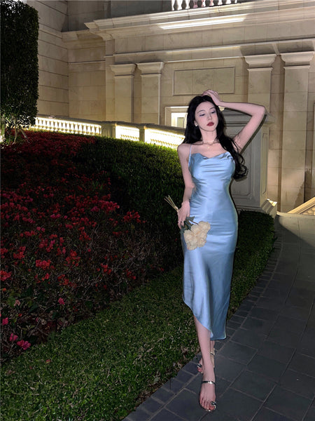 Temperament Sexy Women Halter Neck Cross Open Back Pleated Waist Spaghetti Straps Silk Irregular Long Dress