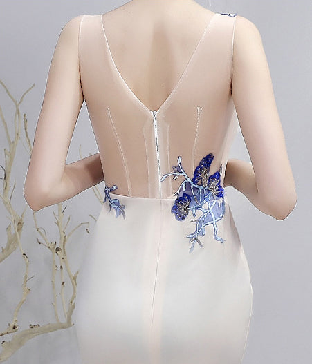 Luxury Vintage Embroidery V Neck Applique Side Split Party Prom Evening Cheongsam Long Dress