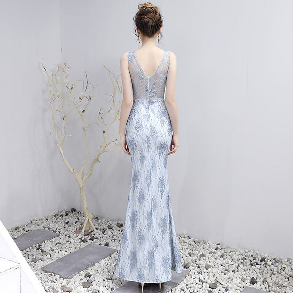 Elegant Vintage Round Neck Deep V Lace See Through Sleeveless Slim Hips Evening Night Party Dress
