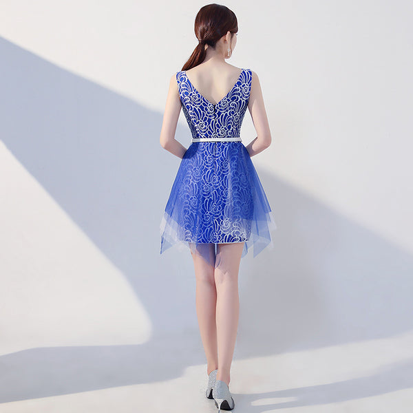 Sparkly Sweet Glittes V Neck Floral Embroidered Sequins Sleeveless Short Irregular Prom Dress