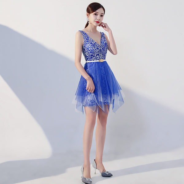 Sparkly Sweet Glittes V Neck Floral Embroidered Sequins Sleeveless Short Irregular Prom Dress