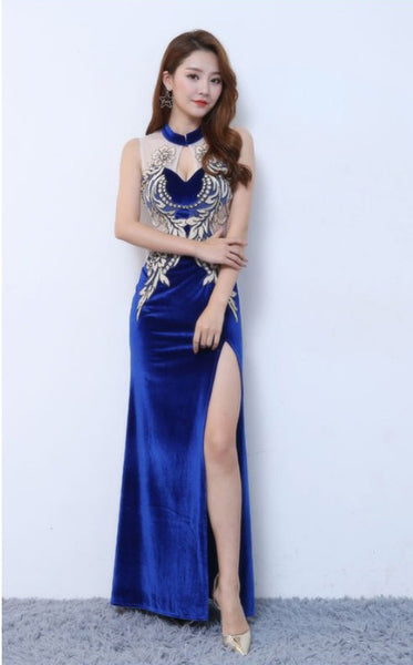 Sexy Temperament Floral Embroidered Stand Collar Sleeveless Banquet Evening Night Side Slit Long Cheongsam Dress