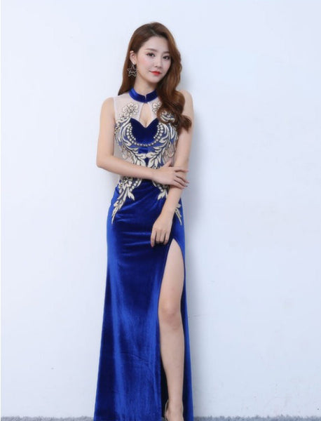 Sexy Temperament Floral Embroidered Stand Collar Sleeveless Banquet Evening Night Side Slit Long Cheongsam Dress