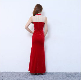 Sexy Temperament Floral Embroidered Stand Collar Sleeveless Banquet Evening Night Side Slit Long Cheongsam Dress