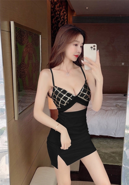 Sexy Fashion Mesh Stitching Low Cut Spaghetti Straps Big Deep V Hollow Side Split Mini Dress
