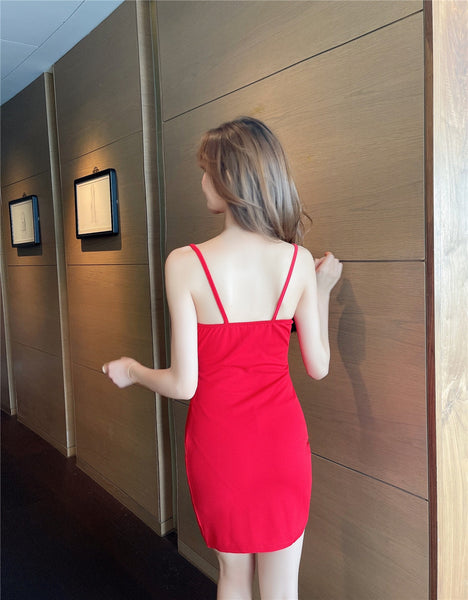 Sexy Fashion Mesh Stitching Low Cut Spaghetti Straps Big Deep V Hollow Side Split Mini Dress