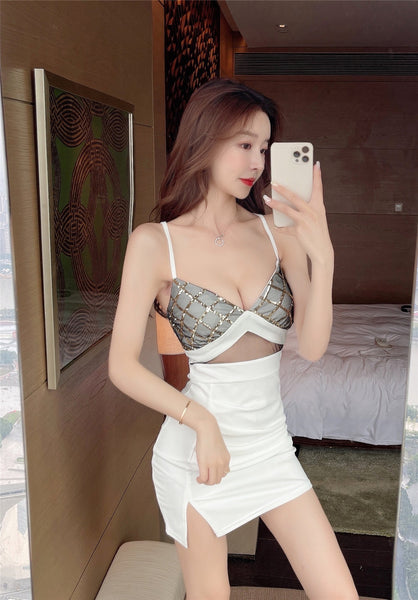 Sexy Fashion Mesh Stitching Low Cut Spaghetti Straps Big Deep V Hollow Side Split Mini Dress