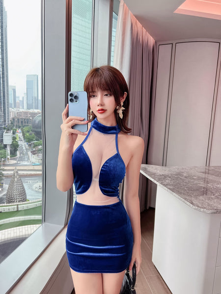 Beauty Fashion Sexy Attractive Velvet Round Collar Deep V Halter Neck Hollow Miniskirt Mini Dress