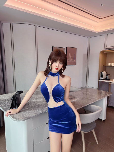 Beauty Fashion Sexy Attractive Velvet Round Collar Deep V Halter Neck Hollow Miniskirt Mini Dress