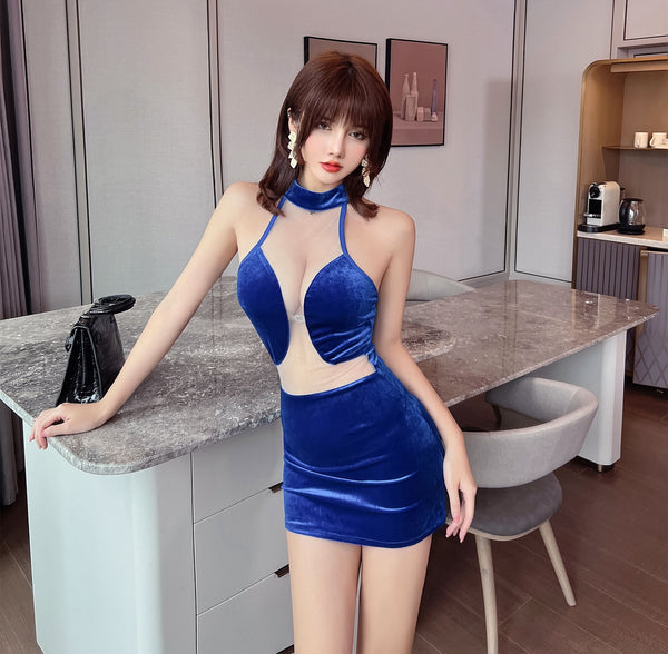 Beauty Fashion Sexy Attractive Velvet Round Collar Deep V Halter Neck Hollow Miniskirt Mini Dress