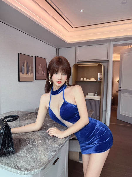 Beauty Fashion Sexy Attractive Velvet Round Collar Deep V Halter Neck Hollow Miniskirt Mini Dress