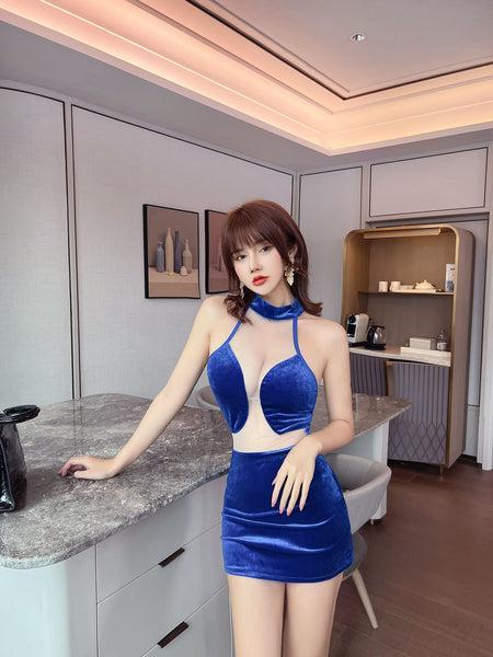 Beauty Fashion Sexy Attractive Velvet Round Collar Deep V Halter Neck Hollow Miniskirt Mini Dress