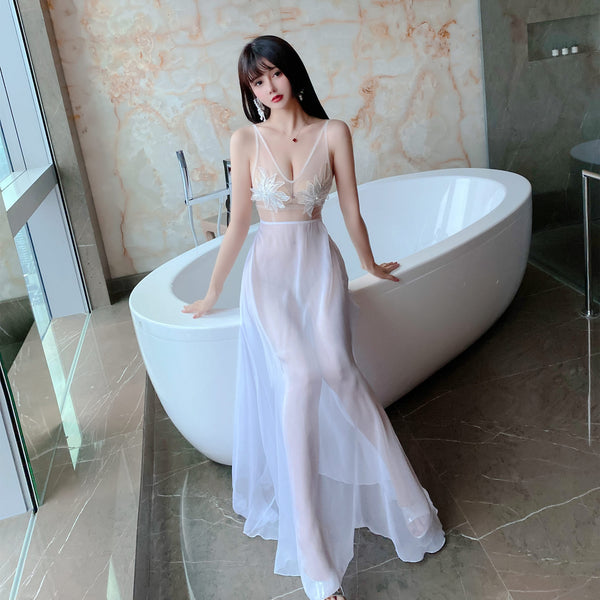 Beauty Sexy Transparent Deep V Neck Sleeveless Lace Backless Night Evening Meeting Maxi Dress